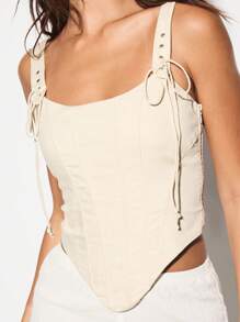 KIZN 斜纹系带紧身胸衣背心，带金属环，紧身胸衣，无袖时尚骨架紧身胸衣，适合节日夏季海滩派对俱乐部穿着街头服饰 - 杏色 - 查看 6