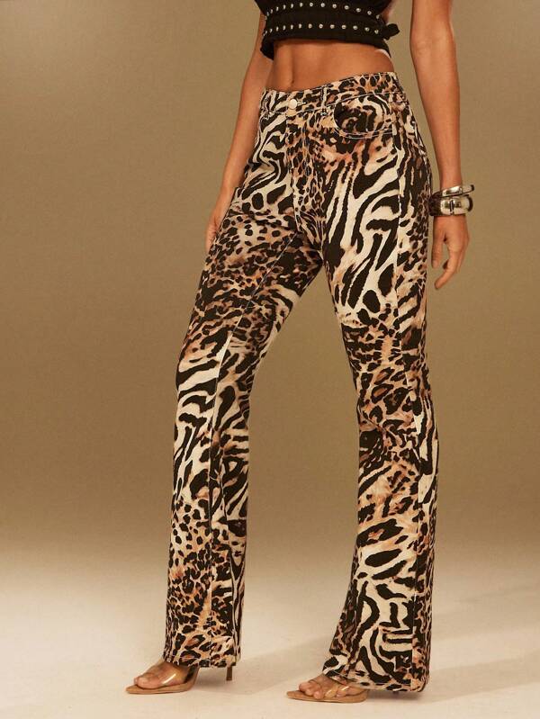 Denimoi Leopard And Zebra Mix Print Boot Cut Denim Jeans