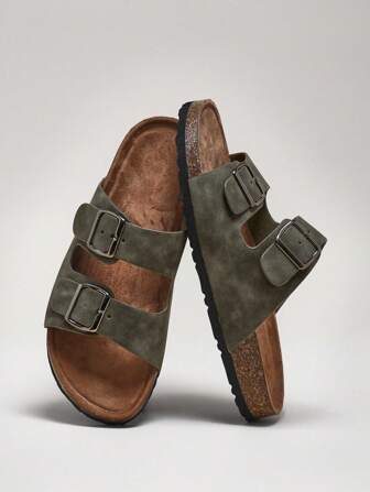 SHUZIA Klassische Herrensandalen mit zwei Riemen, Zinkschnallen, Noppen, Kork-Fußbett in Olivgrün - Premium-Verarbeitung, Fußgewölbeunterstützung & Yachthafen-bis-Straße-Stil