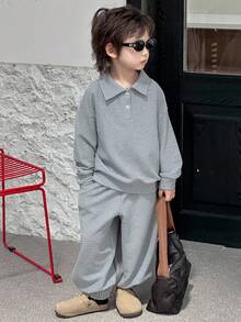 DAZY 2 件套儿童男童休闲 Polo 领运动衫和运动裤套装，宽松华夫格面料，秋季