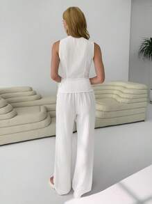 SHEIN EZwear 2件套女士纯色系带无袖衬衫和裤子休闲套装