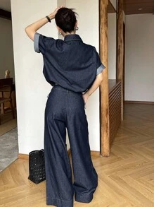 DAZY 女士短袖单排扣衬衫和阔腿牛仔裤休闲套装 - 藍色 - 查看 6
