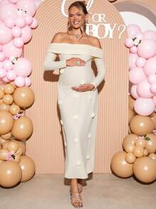 Loomaby 优雅派对纯色3D花卉装饰露肩孕妇装 - 卡其色 - 查看 5