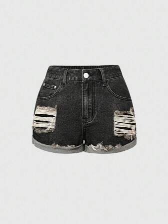 Grunge Punk Short en jean délavé vintage grande taille, sexy et effiloché, bleu, adapté pour les vacances et l'été