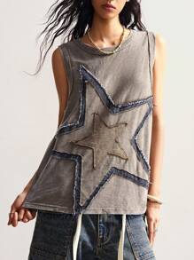 Bohemela Vintage American Style Knitted Patchwork Five-Pointed Star Embroidered Pattern Loose Wash Sleeveless Tank Top For Women Western Tops Patchwork Top Star Top Free People Graphic Tee