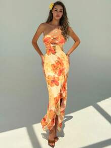 Aloruh Vestido de tirantes finos con estampado floral, decoración con cuentas y abertura alta, para primavera y vacaciones de verano - Multicolor - Ver 5