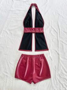 Soleia 2 件套女士 V 领系带前露背吊带背心和迷你短裤套装，适合派对、约会、下午茶、波西米亚风、波西米亚风、浪漫花卉、度假 - 酒紅色 - 查看 2