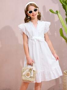 Tween Mädchen Kleid mit Stickerei, kurzen Ärmeln und Rüschensaum für Ballnacht