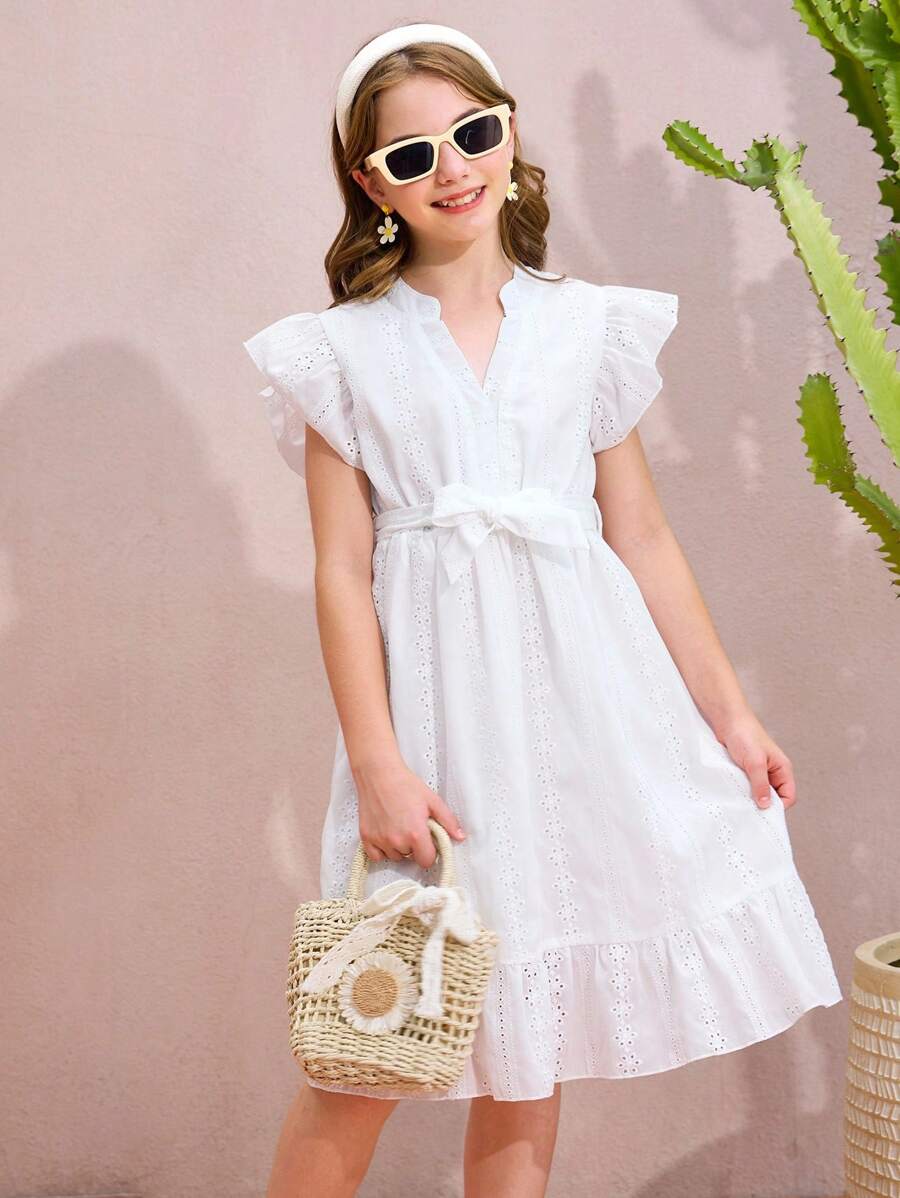 Tween Mädchen Kleid mit Stickerei, kurzen Ärmeln und Rüschensaum für Ballnacht