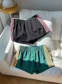 Comfortcana 2pcs Women Elastic Waist Striped Loose Casual Sports Shorts, Versatile For Daily Street Wear, Fall,Fall Clothes For Women