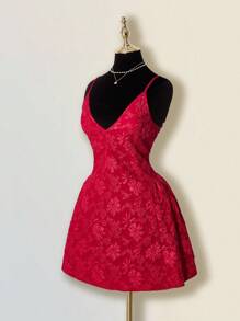 SHEIN ICON Women's Dark Pattern Mini A-Line Flowy Dress, Solid Red Color, Sexy Elegant Deep V Neck Backless Peplum Bodycon Party Dress Red Homecoming Dress - Red - View 3