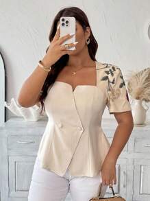 Vionelle 大码女式优雅奢华简约办公室女士/度假风格短袖衬衫，雪纺/提花撞色拼接，鸡心领，收腰设计，双排扣，适合春夏季