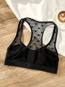 SHEIN 1pc Fashionable Casual Solid Color Heart Net Splice Ribbed Front Button Gather Wireless Bra Bra For Women - Black - View 4