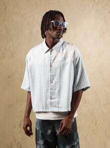 SUMWON Gingham Check Summer Shirt Oversized Button Down Classic Crop Fit Short Sleeve Printed Number Casual Street Style Baseball Varsity - Blue - View 6