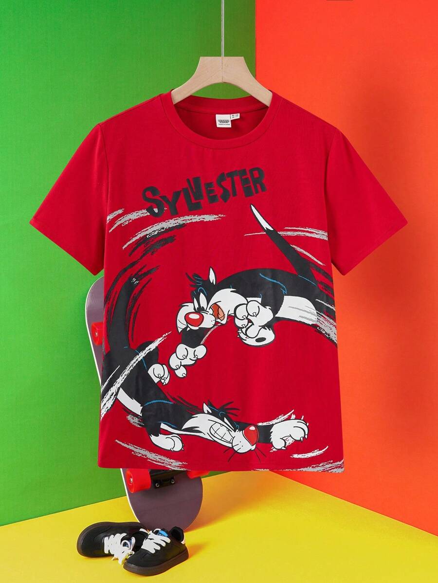 LOONEY TUNES X SHEIN 青少年男孩卡通猫咪印花圆领短袖 T 恤，夏季 - 紅色 - 查看 1