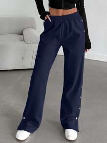 EURMUSE Cotton Button Side Slit Hem Wide Leg Pants - Navy Blue - View 5