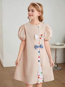 SHEIN Leap Crew Tween Girls Casual Loose Fit Colorblock Patchwork Decorative Bowknot Bubble Sleeve A-Line Dress - Multicolor - View 5