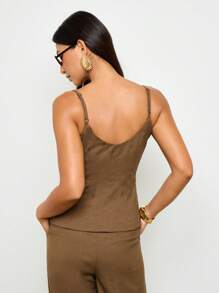 AiiRZ Linen Feel Feel Corset Style Tank Top Sleeveless Button Front Camisole Summer Spaghetti Strap Fitted Blouse Structured Bustier Classic Resort Wear - Brown - View 2
