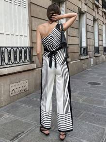 Pariaura 夏季时尚双色条纹短款上衣和裤子套装，通勤风格 - 黑與白 - 查看 2