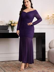 Modelyn Elegant Plus Size Solid Color Off Shoulder Ruched Fitted Dress - Purple - View 3