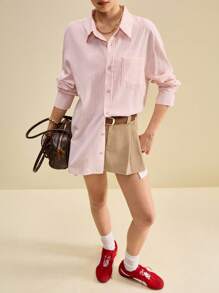SHEIN Unity Áo sơ mi nữ tay dài vai trễ màu hồng sọc đơn giản, tay dài, cài khuy đơn giản, phong cách cổ điển, thường ngày, lễ hội âm nhạc đồng quê Y2K, mùa hè & thu 2025, phong cách công sở, hẹn hò, tiệc tùng, đi chơi, sân bay, trở lại trường, áo cánh mùa thu - Nhiều màu - Xem 9