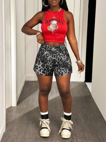 Slaydiva Women's Leopard Print Pocket Loose Relaxed Denim Shorts