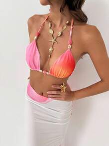 Aloruh Conjunto de top corto con escote halter y falda larga con estampado floral para vacaciones de mujer - Rosa - Ver 8