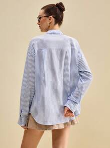 Muvela 2025 秋季新款休闲时尚百搭简约日常蓝色条纹 Y2K 乡村音乐复古街头休闲办公室约会派对郊游机场返校秋季女衬衫 - 彩色 - 查看 2