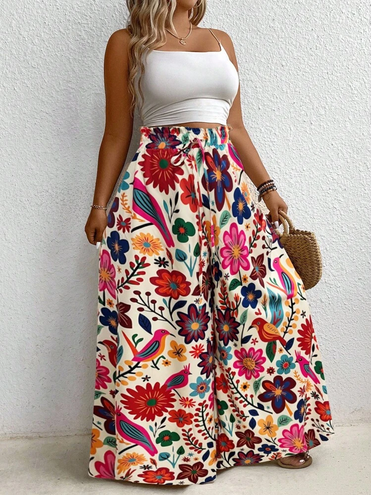 SHEIN Holidaya Pantalon large à imprimé floral coloré grande taille - Rose vif - Voir 5