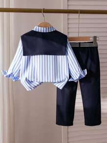 SHEIN Genkimix Kids Young Boys Classic Striped Long Sleeve Shirt And Shawl Collar, Navy Blue Suit Pants, Fashionable Gentleman Outfit, Suitable For Birthday Party, Formal Event, Wedding, Christening, Back To School Season Fall Winter