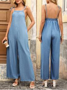 EMERY ROSE 女士休闲系带肩牛仔宽松阔腿牛仔连体裤，夏季 - 中等水洗藍 - 查看 1