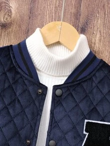 SHEIN Boys' Padded Quilted Letter Bomber Jacket Chic Outfits For Autumn/Winter Fall - Navy Blue - View 4