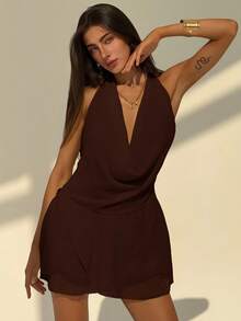 SHEIN PETITE CURVE 夏季大码性感纯色吊带露背吊带裙 - 巧克力棕 - 查看 7