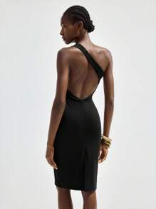 Maija 2025秋季现代都市不对称露背开衩黑色中长连衣裙，适合春夏复古音乐节派对，都市通勤，优雅复古风格，女士办公室穿着 - 黑色 - 查看 7