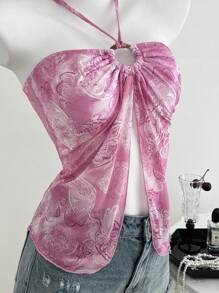 Elamini Women's Casual Backless Tank Top With Cashew Flower Print, Navy Blue Color For Spring And Summer - Baby Pink - View 5