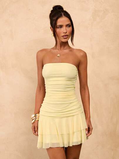 SHEIN BAE Spring/Summer Solid Yellow Cream Strapless Ruched Bodycon Mini Dress With Ruffle Hem, Cute Summer Dress, Brunch Dress, Yellow Dress,Valentine's Day,Valentine Outfits For Women