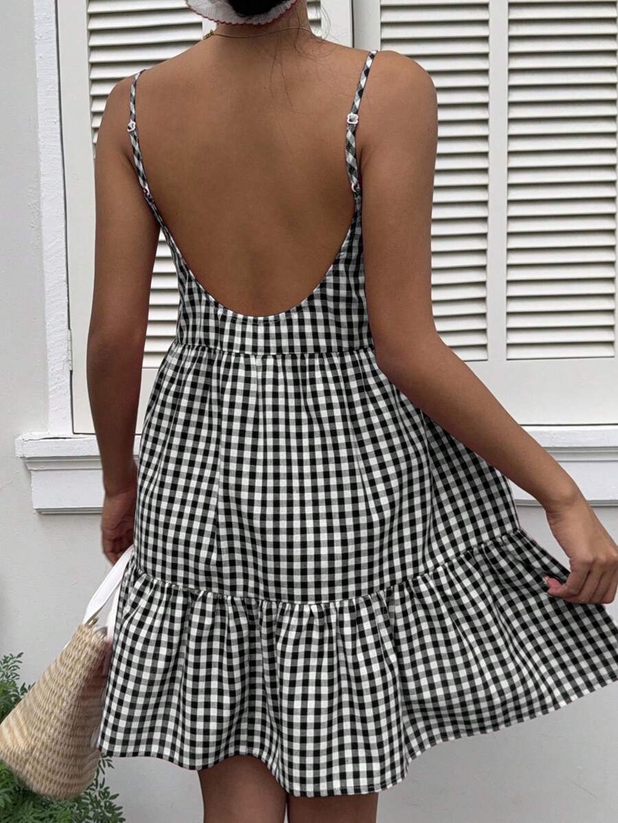 SHEIN EZwear 女式夏季新款格子背带裙，细肩带露背连衣裙 - 黑色 - 查看 1
