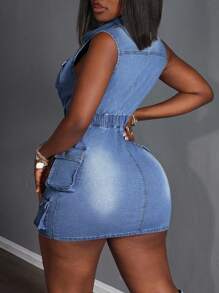Slaydiva 大码女式单排扣修身牛仔连身裤迷你连衣裙 - 藍色 - 查看 3
