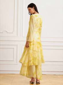 GENKIRA Váy xòe nhiều lớp in họa tiết hoa lớn mới cho mùa xuân/hè - Màu vàng - Xem 3