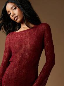 MISSGUIDED 精致长袖蕾丝迷你连衣裙，适合冬季假日派对晚宴，露背维多利亚风格喇叭袖婚礼宾客，层叠荷叶边设计 - 紅色 - 查看 3