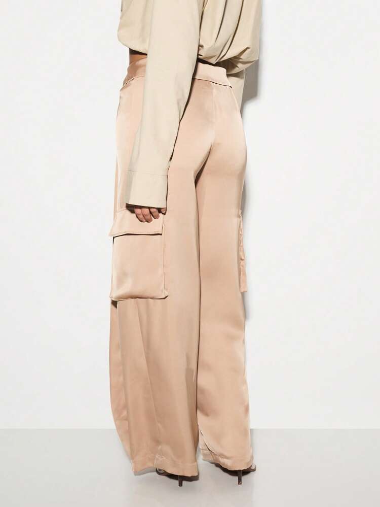 KIZN Satin Wide Leg Cargo Trousers With Side Pockets