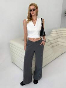 SHEIN EZwear 女士纯色宽腿宽松休闲通勤裤 - 灰色 - 查看 6