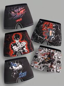 5pcs/Pack Teenage Boys' Black Minimalist Anime Character Print Comfortable Boxer Briefs,Back To School - Multicolor - View 1