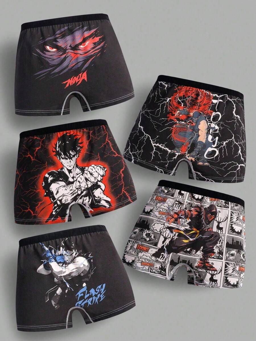 5pcs/Pack Teenage Boys' Black Minimalist Anime Character Print Comfortable Boxer Briefs,Back To School - Multicolor - View 1