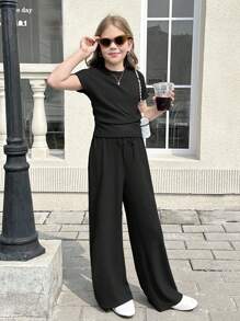 SHEIN Comfortable Polyester Plain Black Co-Ords With Regular Sleeves And Relaxed Fit For Tween Girls Tween Girl Wide Leg Pants Girls Wide Leg Pants Set Girls Black Wide Leg Pants Tween Girl Wide Leg Pants Outfit Tween Girls Summer Outfit Girls Wide Leg Pants Outfit Teen Girl Wide Leg Pants Outfit Tween Girls Wide Leg Pants Set Teen Girls Wide Leg Pants Outfit Girls Black Wide Leg Pants Set - Black - View 6