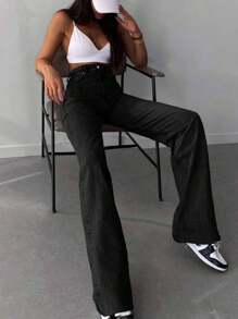 SHEIN Tall Tall High Waist Raw Hem Wideleg Jean - Hitam - View 4
