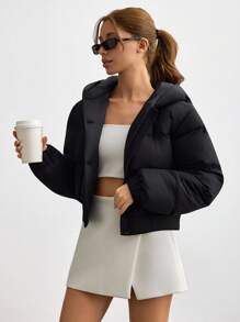 EURMUSE Women Long Sleeve Hooded Short Casual Jacket Buttoned For Fall & Winter - Black - View 3