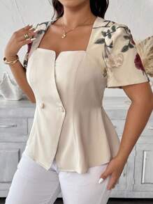 Vionelle 大码女式优雅奢华简约办公室女士/度假风格短袖衬衫，雪纺/提花撞色拼接，鸡心领，收腰设计，双排扣，适合春夏季