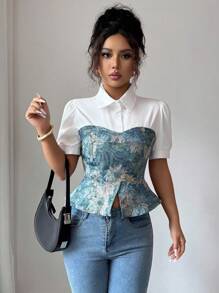 Elenzga Camisa con estampado floral de textura 2 en 1 para primavera/verano - Multicolor - Ver 1