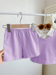 3-teiliges Lässig-Set für Baby Jungen: lila & weiße ärmellose Weste, Kurzarmhemd mit Kragen, Shorts - vielseitiges Outfit für Schule, Outdoor, Zuhause